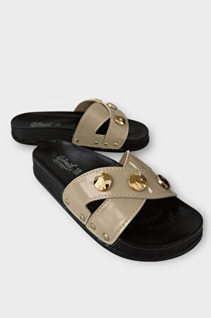 Kadın Günlük Terlik Çapraz  Şık Ortopedik Yazlık Ev Plaj Tatil İş Terliği BEJ