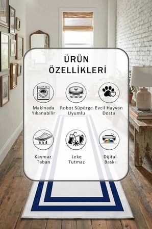 Çerçeve Beyaz Lacivert Yıkanabilir Kaymaz Taban Dijital Baskılı Yolluk Halı Beyaz