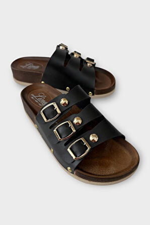 Kadın Günlük Terlik Tokalı Üç Bant Şık Ortopedik Yazlık Ev Plaj Tatil İş Terliği SİYAH