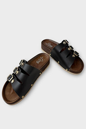 Kadın Günlük Terlik Tokalı Üç Bant Şık Ortopedik Yazlık Ev Plaj Tatil İş Terliği SİYAH