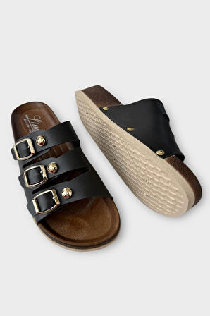 Kadın Günlük Terlik Tokalı Üç Bant Şık Ortopedik Yazlık Ev Plaj Tatil İş Terliği SİYAH