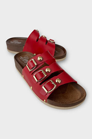 Kadın Günlük Terlik Tokalı Üç Bant Şık Ortopedik Yazlık Ev Plaj Tatil İş Terliği KIRMIZI