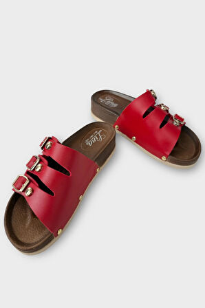 Kadın Günlük Terlik Tokalı Üç Bant Şık Ortopedik Yazlık Ev Plaj Tatil İş Terliği KIRMIZI