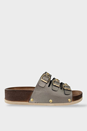 Kadın Günlük Terlik Tokalı Üç Bant Şık Ortopedik Yazlık Ev Plaj Tatil İş Terliği PLATİN