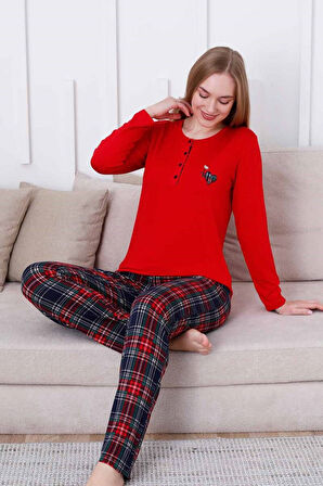 Kadın Kırmızı Ekose Desen Bisiklet Yaka 3 Düğmeli Viskon Uzun Kol Mevsimlik Cepli Pijama Takımı