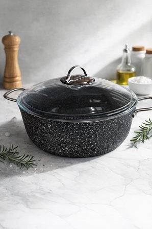 Taş Granit 30 Cm Derin Tencere | Döküm Yanmaz Yapışmaz | Fırına Girebilir Geniş Tabanlı |
