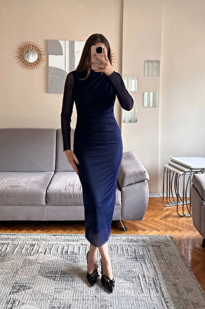 Drape Detaylı Tül Midi Elbise