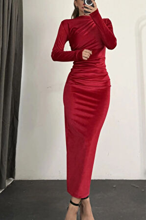Kadife Drape Detaylı Uzun Elbise