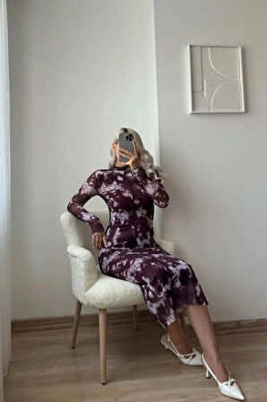 Ters Dikiş Batik Desenli Tül Maxi Elbise