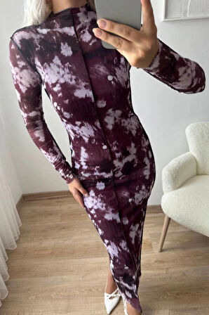 Ters Dikiş Batik Desenli Tül Maxi Elbise