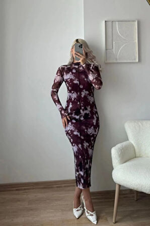 Ters Dikiş Batik Desenli Tül Maxi Elbise