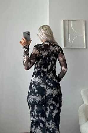 Ters Dikiş Batik Desenli Tül Maxi Elbise