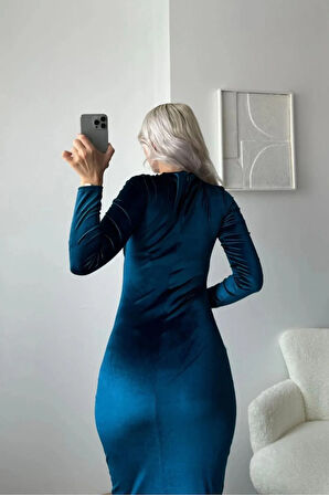 Drape Detaylı Kadife Elbise Indigo