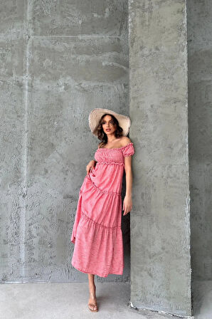 Pembe Keten Kumaş Midi Boy Gipeli Elbise