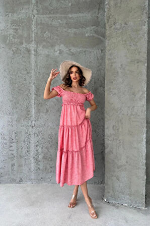 Pembe Keten Kumaş Midi Boy Gipeli Elbise