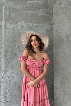Pembe Keten Kumaş Midi Boy Gipeli Elbise