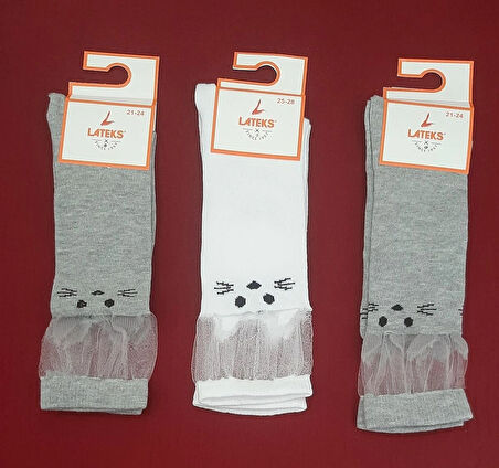 Kız Çocuk Dizaltı Kedi Desenli Okul Çorabı 21-24 Ayak Numarası 3'lü Paket  