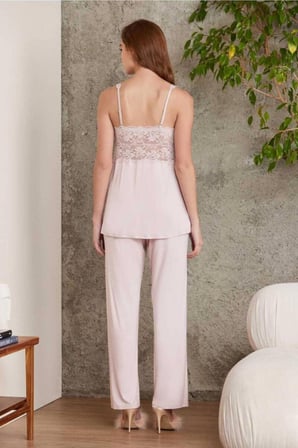 Pierre Cardin Dantelli Sabahlıklı Penye Pijama Takımı Pudra
