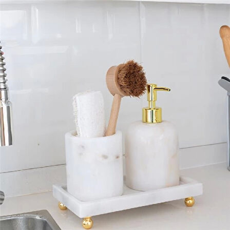 Akayev Mermer Beyaz 3 Parça Gold Ayak Banyo Seti Mutfak Sıvı Sabunluk Seti