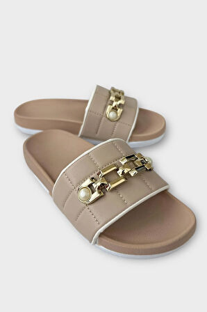 Kadın Günlük Terlik Tokalı Şık Yazlık Ev Plaj Tatil İş Terliği BEJ