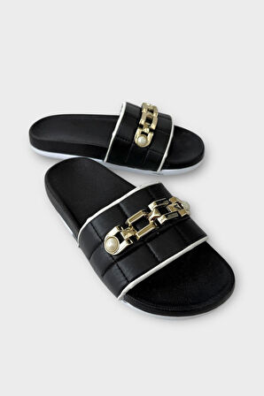 Kadın Günlük Terlik Tokalı Şık Yazlık Ev Plaj Tatil İş Terliği SİYAH - ALTIN