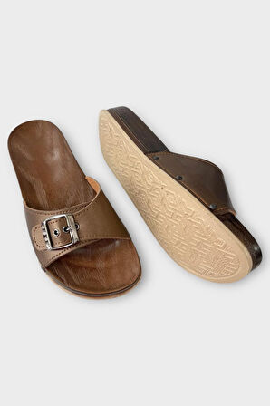 Kadın Günlük Terlik Ayarlanabilir Tek Bant Şık Ortopedik Yazlık Ev Plaj Tatil İş Terliği KAHVERENGİ