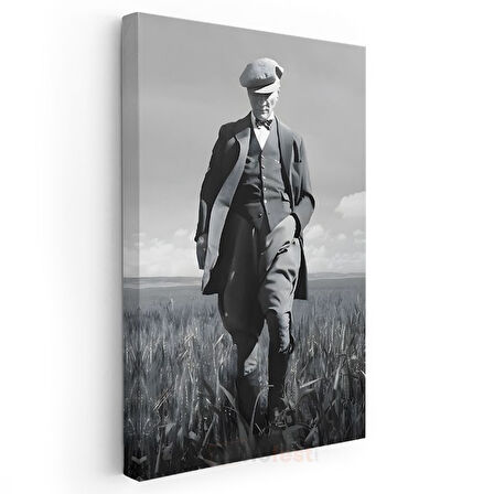 Kasketli Atatürk - Buğday Tarlasında Kanvas Tablo