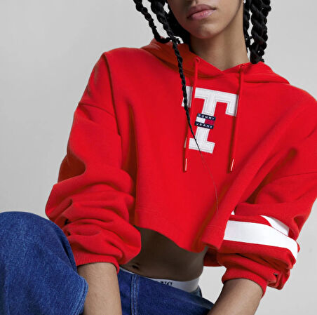 Tommy Jeans Sp Crop Letterman Flag Hoodie Kadın Kırmızı Sweatshirt