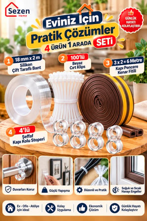 4'ü 1 Arada Ev Düzenleme Seti – Çift Taraflı Silikon Bant, 100'lü Klips, 6 Metre Kapı Pencere Fitili ve Kapı Fitili