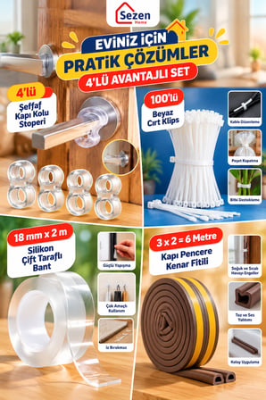 4'ü 1 Arada Ev Düzenleme Seti – Çift Taraflı Silikon Bant, 100'lü Klips, 6 Metre Kapı Pencere Fitili ve Kapı Fitili