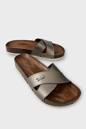 Kadın Günlük Terlik Çapraz Şık Ortopedik Yazlık Ev Plaj Tatil İş Terliği PLATİN