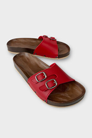 Kadın Günlük Terlik Ayarlanabilir Çift Bant Şık Ortopedik Yazlık Ev Plaj Tatil Terliği KIRMIZI