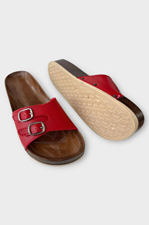 Kadın Günlük Terlik Ayarlanabilir Çift Bant Şık Ortopedik Yazlık Ev Plaj Tatil Terliği KIRMIZI