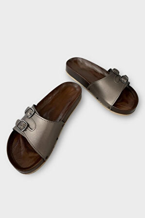 Kadın Günlük Terlik Ayarlanabilir Çift Bant Şık Ortopedik Yazlık Ev Plaj Tatil Terliği PLATİN