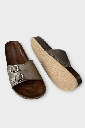 Kadın Günlük Terlik Ayarlanabilir Çift Bant Şık Ortopedik Yazlık Ev Plaj Tatil Terliği PLATİN