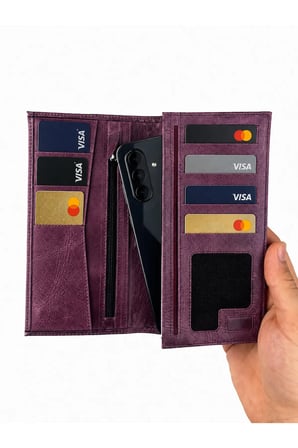 Erkek Hakiki Crazy Deri Mor Telefon Bölmeli Uzun Cüzdan ve Kartlık