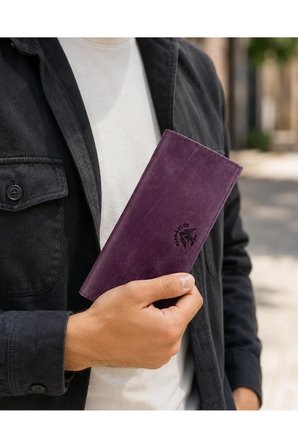 Erkek Hakiki Crazy Deri Mor Telefon Bölmeli Uzun Cüzdan ve Kartlık