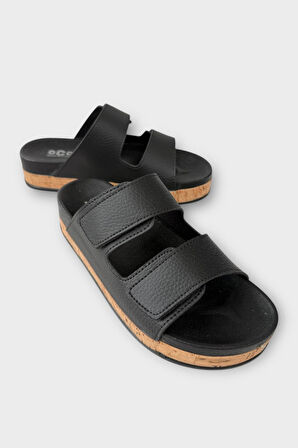 Kadın Günlük Terlik Kalın Taban Çift Bant Cırtlı Rahat Şık Yazlık Ev Plaj Tatil Terliği SİYAH