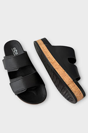 Kadın Günlük Terlik Kalın Taban Çift Bant Cırtlı Rahat Şık Yazlık Ev Plaj Tatil Terliği SİYAH