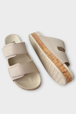 Kadın Günlük Terlik Kalın Taban Çift Bant Cırtlı Rahat Şık Yazlık Ev Plaj Tatil Terliği BEJ