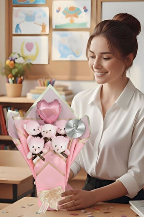 Öğretmen'e Hediye: Atatürk Temalı Aynalı Kalpli Balonlu 6’lı Pembe Ayıcık Buketi-24 Kasım Öğretmenler Günü Hediyesi