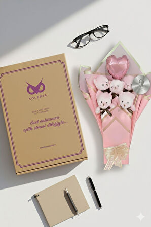 Öğretmen'e Hediye: Atatürk Temalı Aynalı Kalpli Balonlu 6’lı Pembe Ayıcık Buketi-24 Kasım Öğretmenler Günü Hediyesi