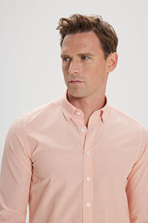 Slim Fit Dar Kesim Gizli Düğmeli Yaka Pamuklu Çizgili Gömlek