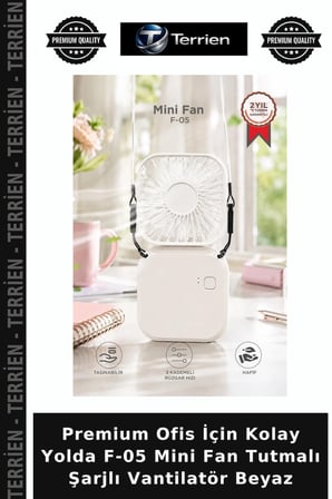 Premium Ofis İçin Kolay Yolda F-05 Mini Fan Tutmalı Şarjlı Vantilatör Beyaz