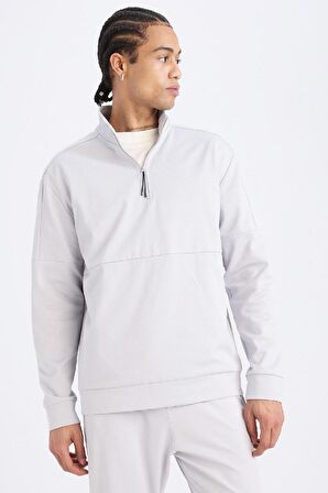 DeFactoFit Standart Fit Dik Yaka Fermuarlı Skuba Dalgıç Kumaş Sporcu Sweatshirt D7305AX25SPGR91