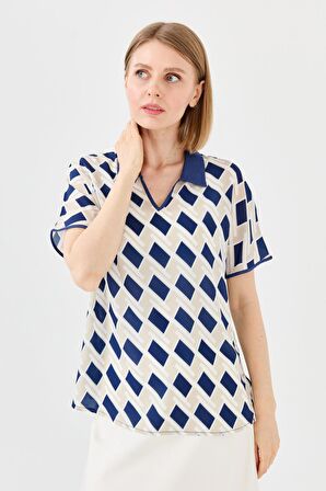Kadın Polo Yaka Kare Desenli T-shirt Lacivert