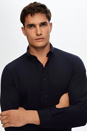 Ds Damat Slim Fit Lacivert Keten Görünümlü Gömlek 6HC02ORT63265