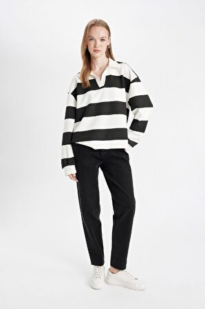 DeFacto Oversize Geniş Kalıp Çizgili Polo Yaka Kalın Sweatshirt D4754AX24AUWT32