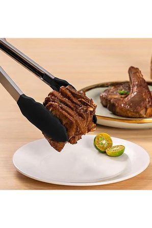 Silikon Uçlu Paslanmaz Çelik Servis Maşası Isıya Dayanıklı Mutfak Maşası Salata Izgara Et Mangal Pişirme ve Servis Maşası