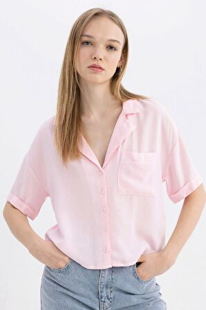 DeFacto Coool Oversize Geniş Kalıp Pijama Yaka Kısa Kollu Gömlek C3751AX24SPPN99